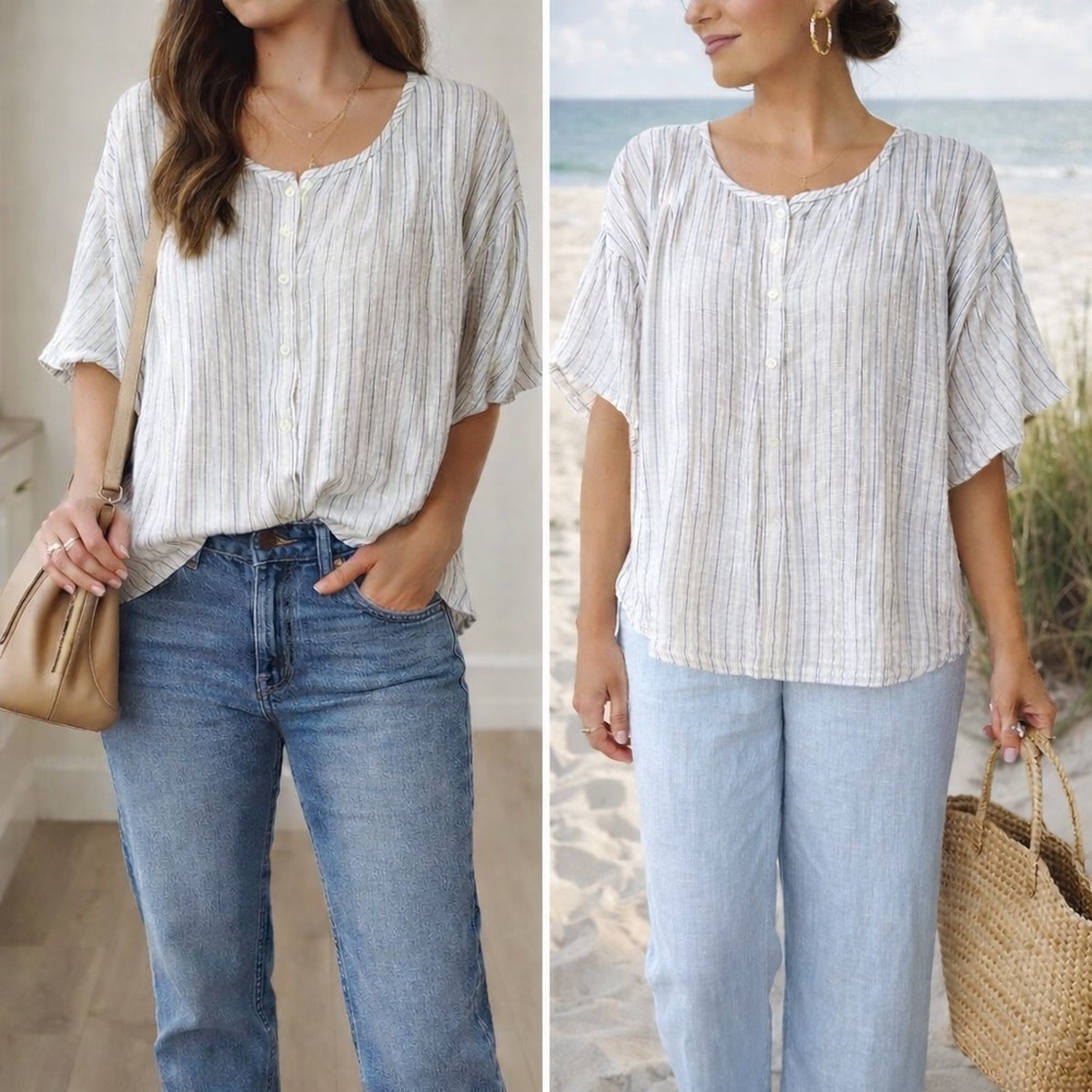 Max Studio Cream and Light Blue Striped Button Front Linen Top